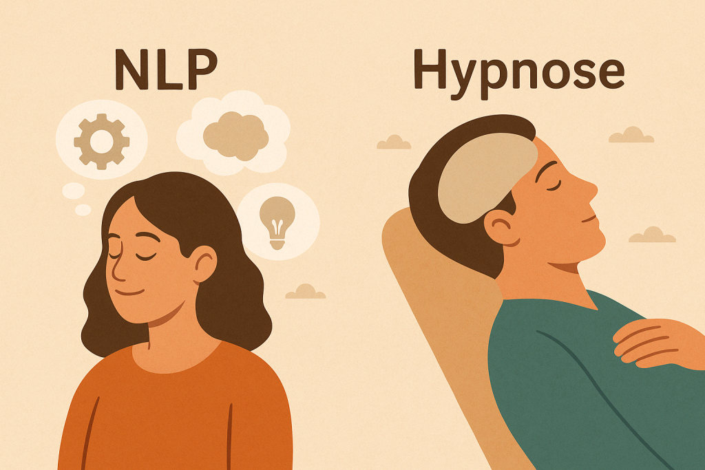 Illustration der viser NLP og hypnose side om side – et visuelt udtryk for forskellen på NLP og hypnose samt samspillet mellem hypnose og NLP i terapi.