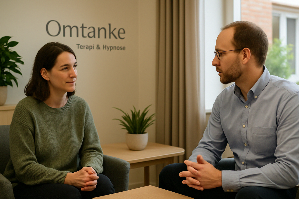 Terapeut og medarbejder i samtale hos Omtanke – fokus på medarbejdertrivsel, trivsel på arbejdspladsen og stressforebyggelse i Frederikssund.