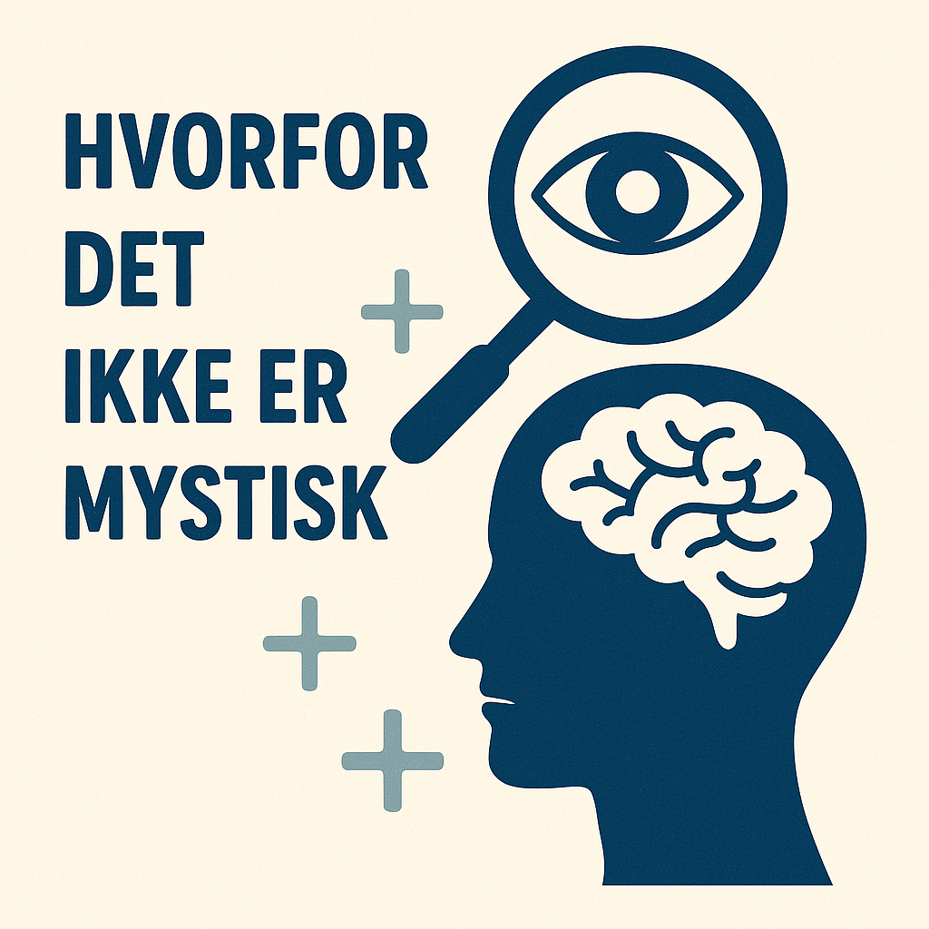 Illustration med et menneskehoved og en hjerne, samt et forstørrelsesglas med et øje. Ved siden af står teksten "Hvorfor det ikke er mystisk". Skal illlustrere hvad hypnose er som en naturlig tilstand