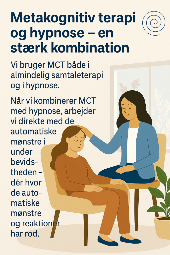 Illustration af terapeut, der lægger en hånd på klientens hoved under hypnose, med tekst om metakognitiv terapi og hypnose som en stærk kombination hos Omtanke – Terapi & Hypnose i Frederikssund.